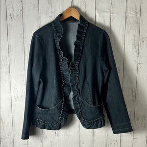 Dark Denim Ruffle Trim Open Front Jacket Women’s large Lightweight Blazer